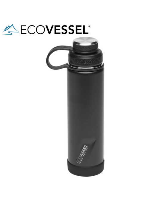 EcoVessel BOULDER 20-24 oz - TriMax® Insulated Stainless Steel Water Bottle with Reflecta™ Insulated Dual Lid, Strainer and Silicone Bottle Bumper - (BLACK SHADOW)