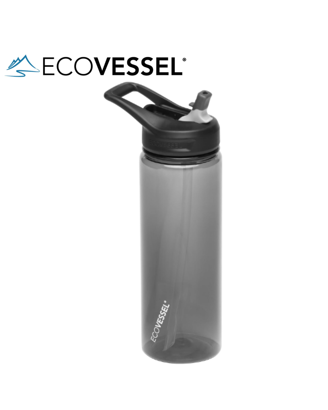 EcoVessel WAVE Tritan Plastic Sports Water Bottle with Flip Top Straw, Leak Proof Lid, and Carry Handle Reusable Water Bottle Gym Water Bottle 24 oz (Black Shadow)