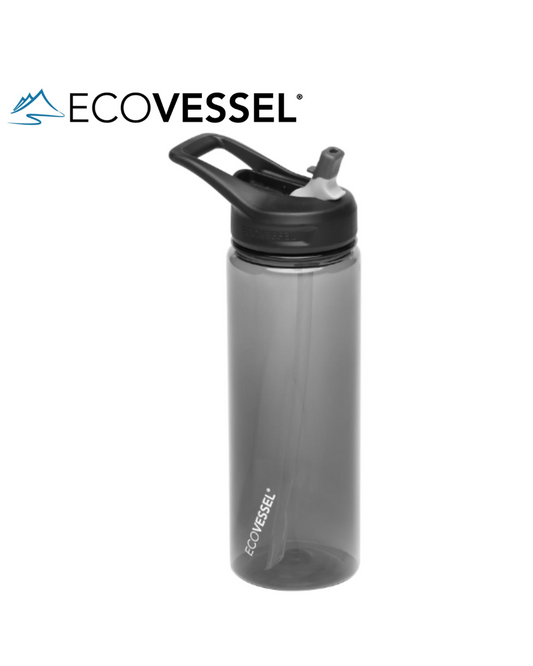 EcoVessel WAVE Tritan Plastic Sports Water Bottle with Flip Top Straw, Leak Proof Lid, and Carry Handle Reusable Water Bottle Gym Water Bottle 24 oz (Black Shadow)