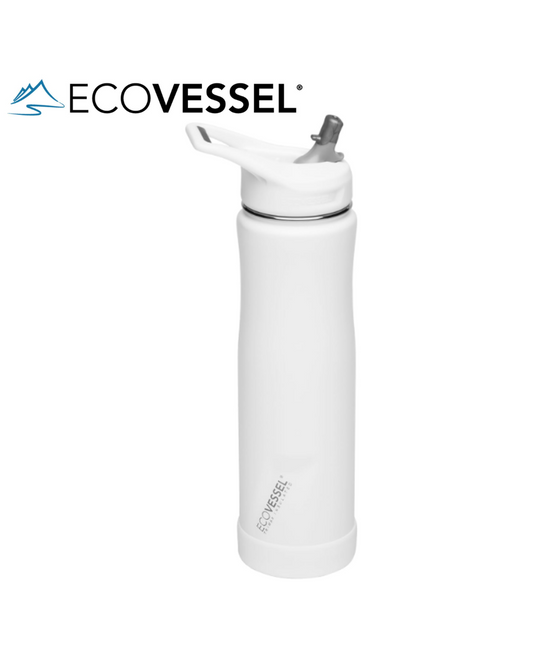 EcoVessel SUMMIT, Insulated Stainless Steel Water Bottle with Straw and Handle Flip Top Lid with Silicone Bottle Bumper Metal Water Bottle – 24 oz (WHITE)