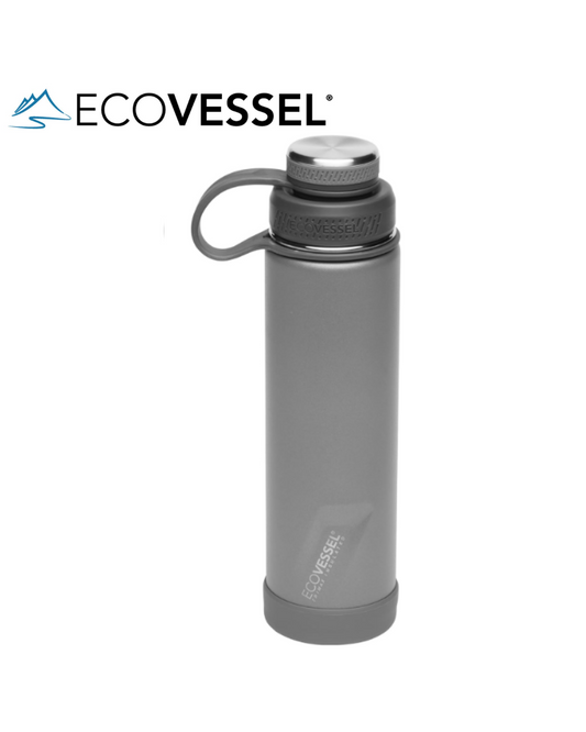 EcoVessel BOULDER 20-24 oz - TriMax® Insulated Stainless Steel Water Bottle with Reflecta™ Insulated Dual Lid, Strainer and Silicone Bottle Bumper - (SLATE GRAY)