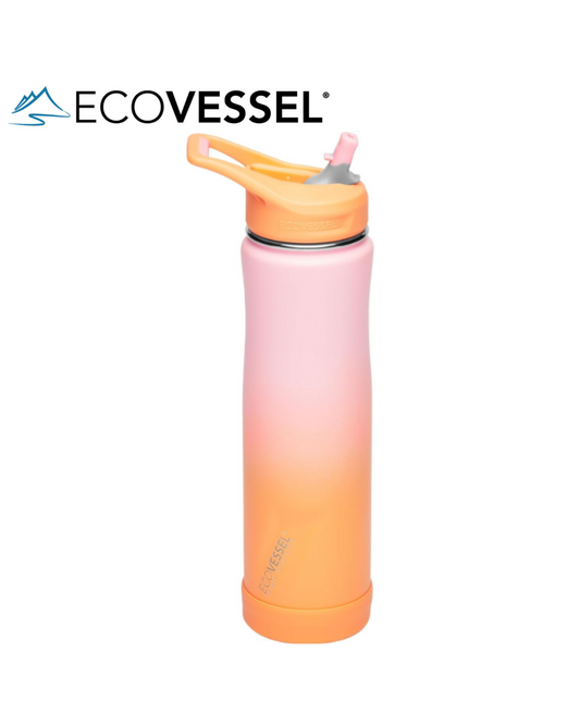 EcoVessel SUMMIT, Insulated Stainless Steel Water Bottle with Straw and Handle Flip Top Lid with Silicone Bottle Bumper Metal Water Bottle – 24 oz (Coral Sand)