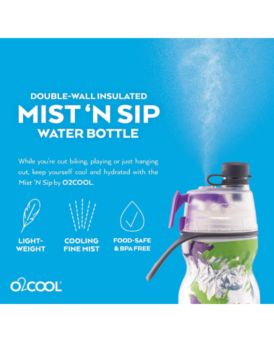 O2Cool Double Wall Mist 'N Sip Water Bottle Multicolored (Splash Purple Green)