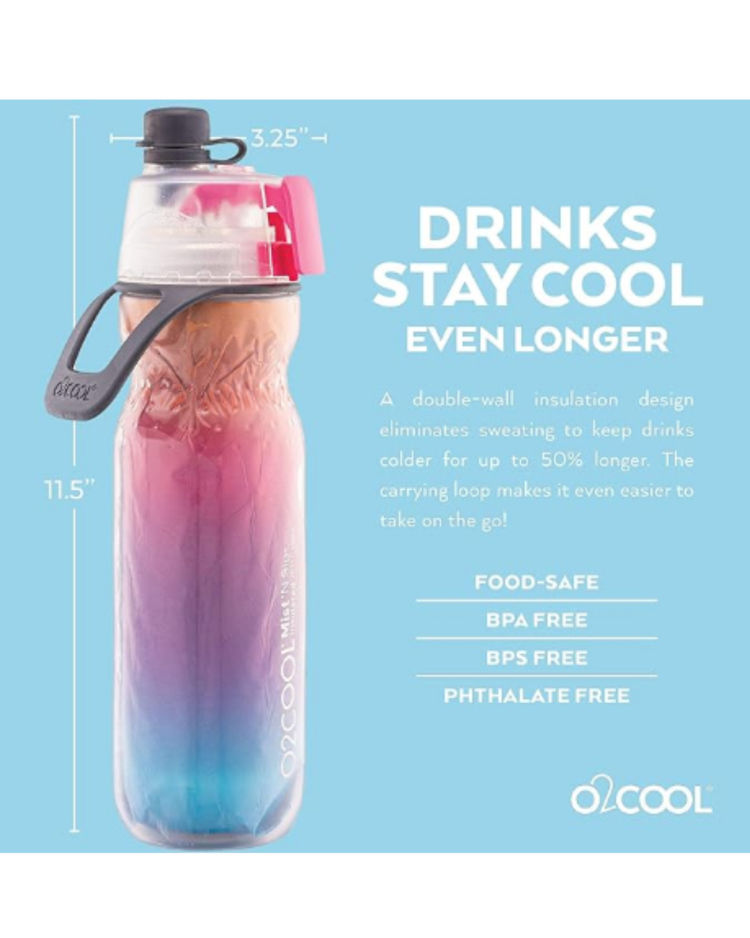 O2COOL ArcticSqueeze Insulated Mist 'N Sip Water Bottle | BPA Free, 2-in-1 Mist and Sip Function w/No Leak, Locking Pull Top Spout : 20 oz | Color Collection: Ombre, Raspberry Ombre