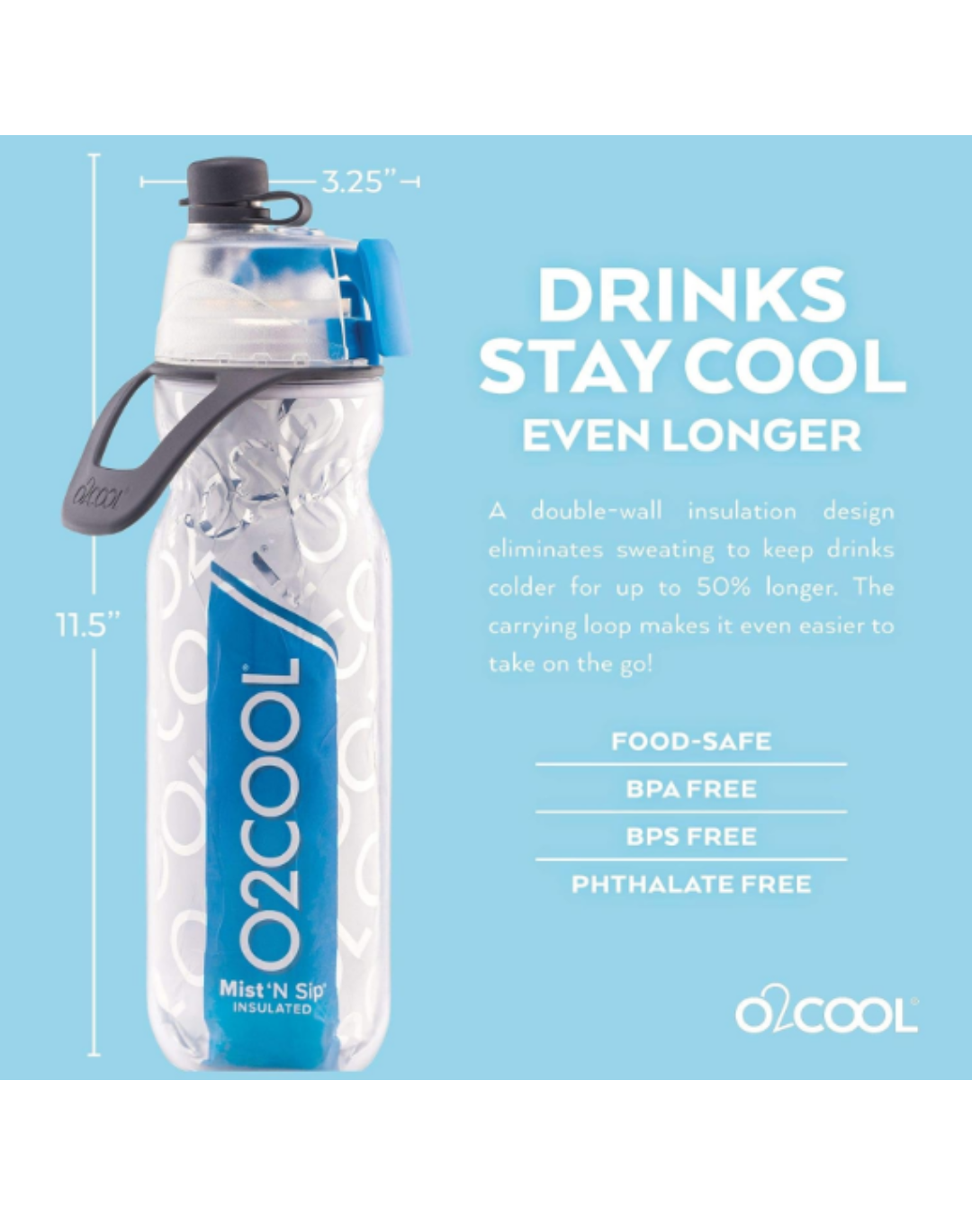 O2COOL ArcticSqueeze Insulated Mist 'N Sip Squeeze Bottle 20 oz. 1 Bottle (Blue)