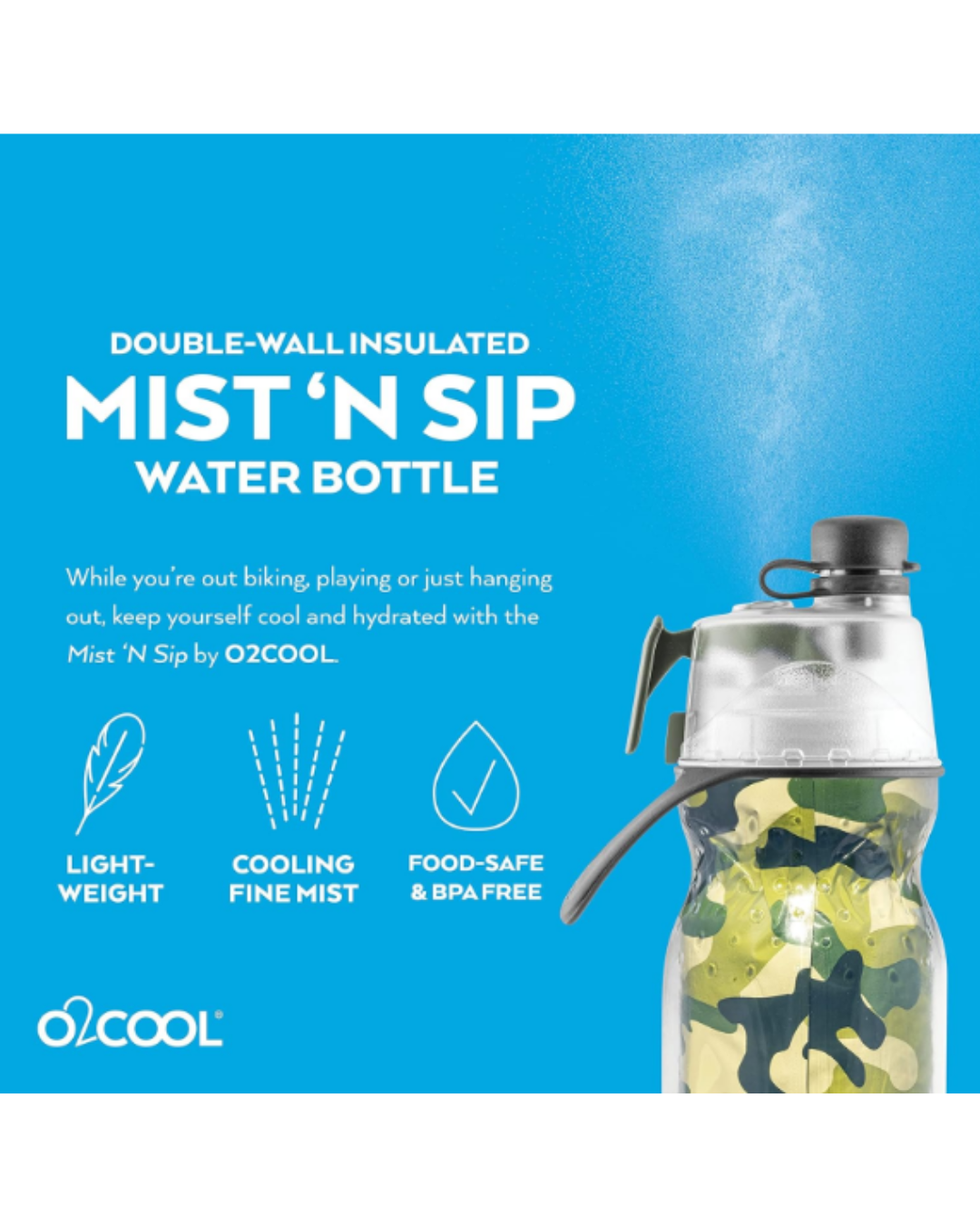 O2COOL Mist 'N Sip Misting Water Bottle 2-in-1 Mist And Sip Function With No Leak Pull Top Spout Sports Water Bottle Reusable Water Bottle - 20 oz (Green Camo)