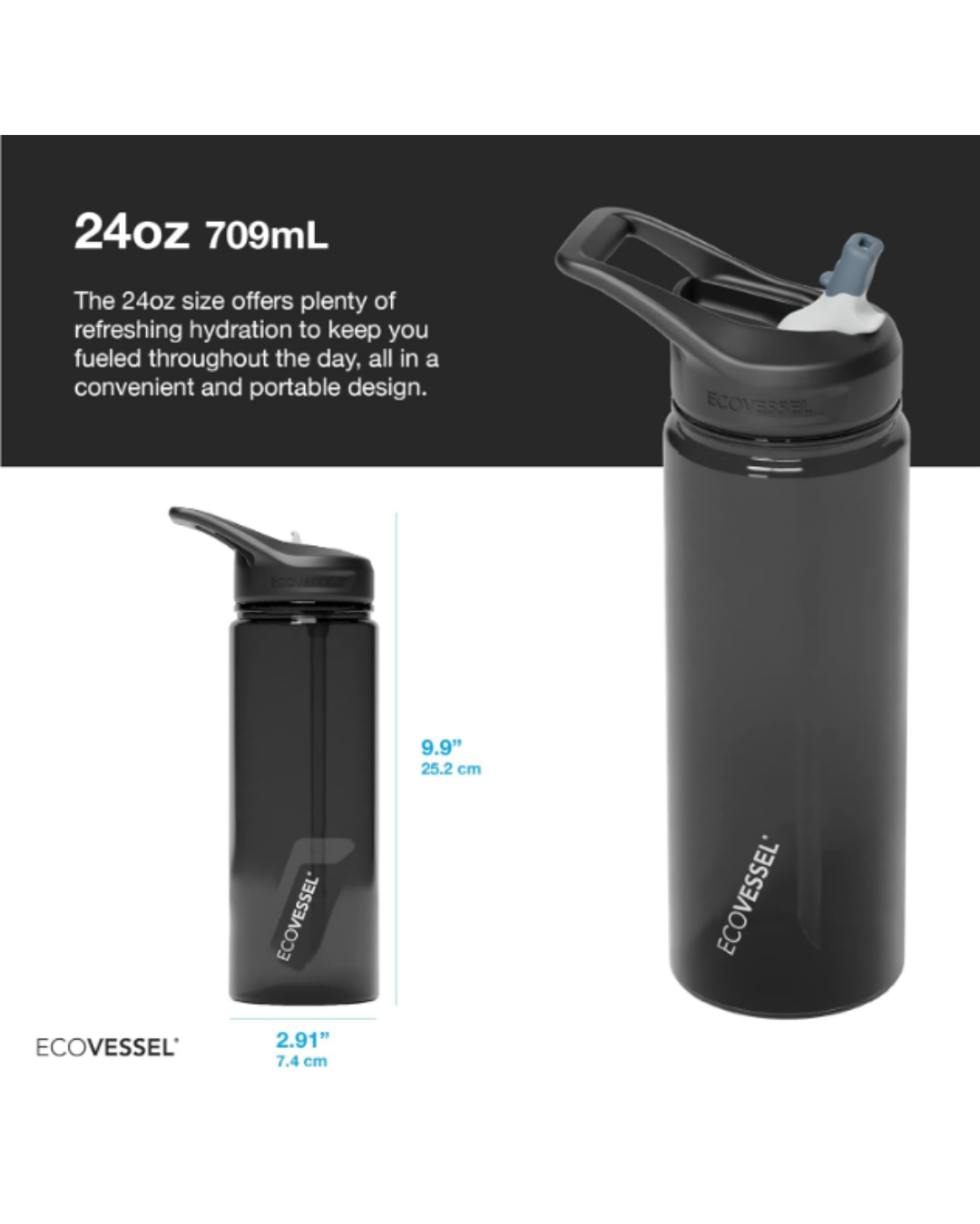 EcoVessel WAVE Tritan Plastic Sports Water Bottle with Flip Top Straw, Leak Proof Lid, and Carry Handle Reusable Water Bottle Gym Water Bottle 24 oz (Forest Horizon)