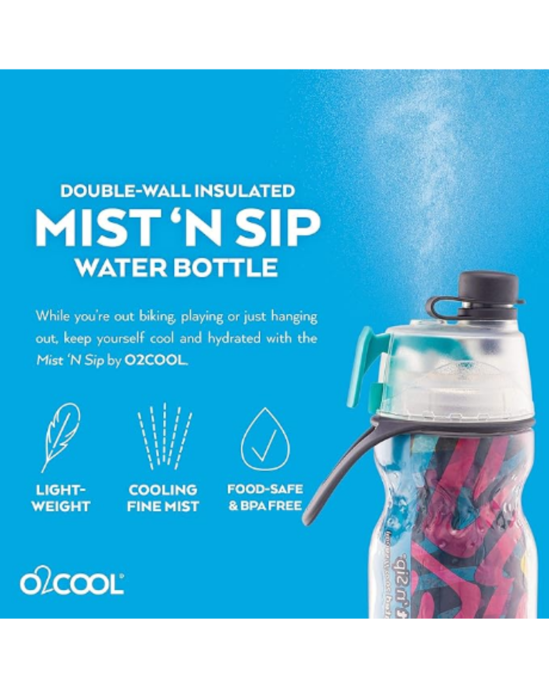 O2COOL Mist 'N Sip Misting Water Bottle 2-in-1 Mist And Sip Function With No Leak Pull Top Spout Sports Water Bottle Reusable Water Bottle - 20 oz (Artist)