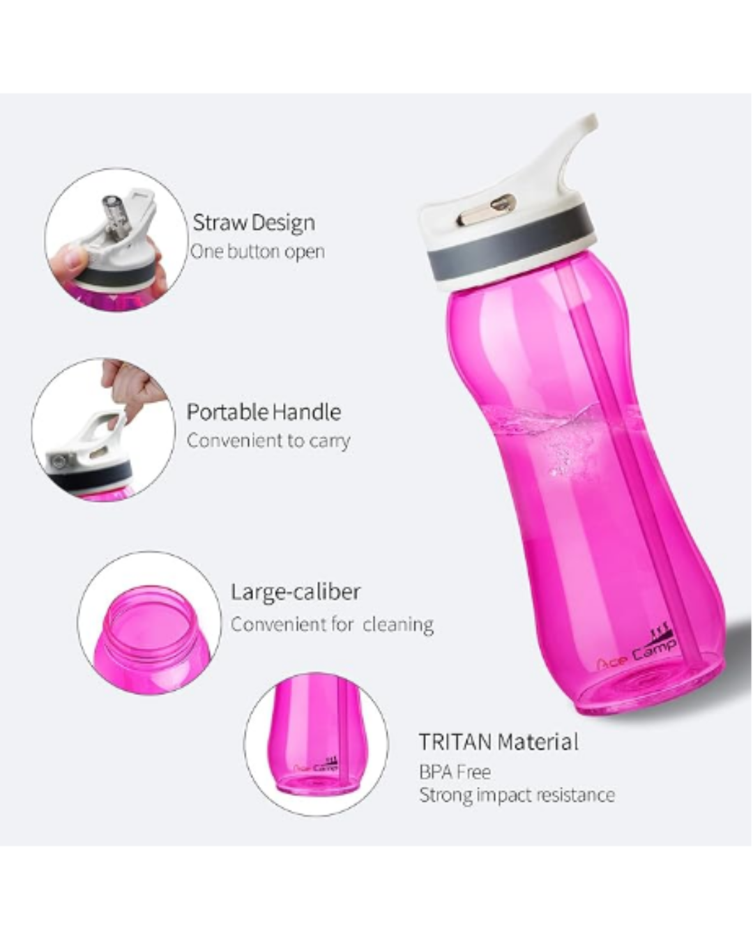 AceCamp 15534 - 21oz Water Bottle with Straw Curved-Bottle Design Easy To Grip BPA Free Tritan Sports Fitness Bottle Leak-Proof Durable Pink