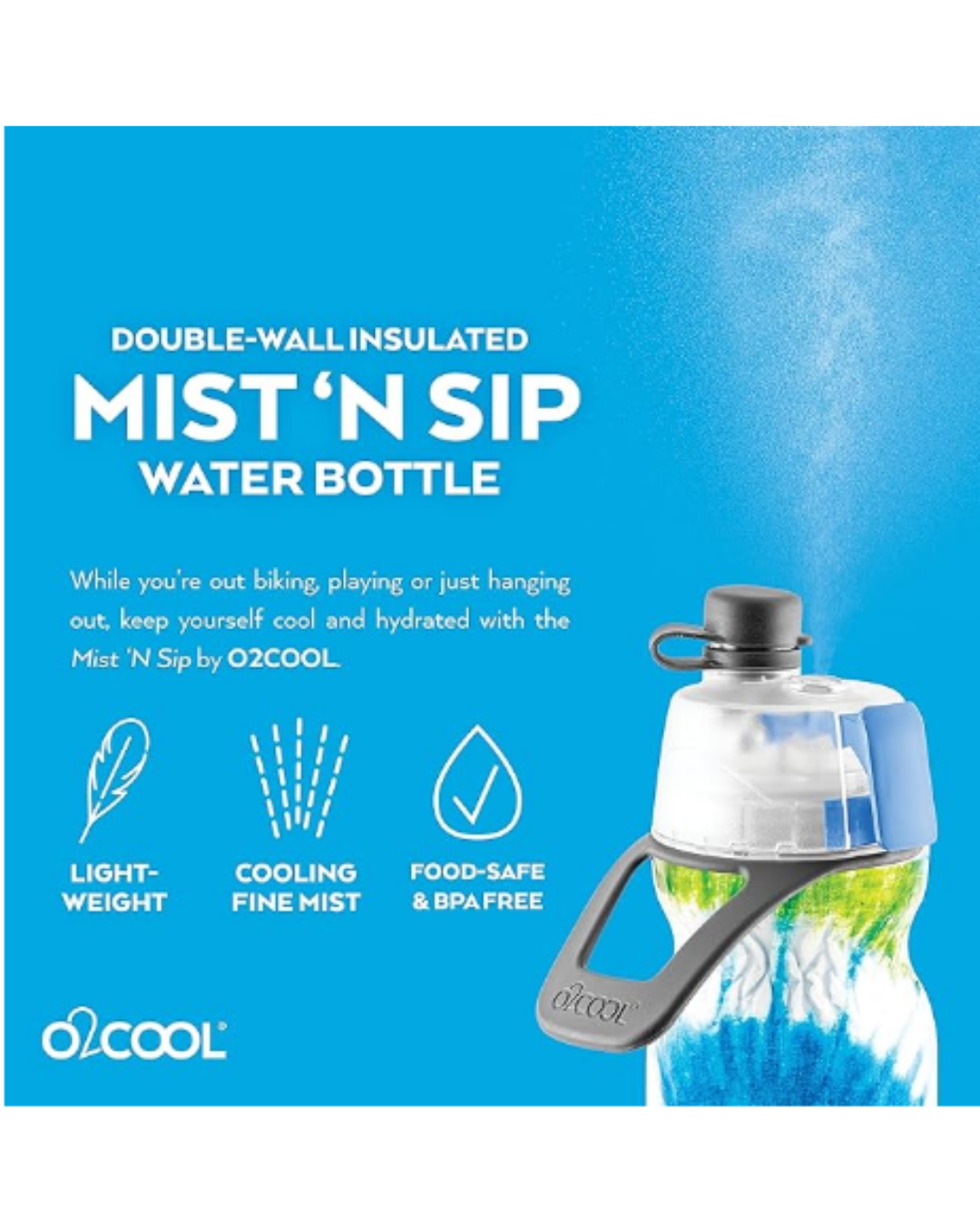 O2COOL Mist 'N Sip Misting Water Bottle 2-in-1 Mist And Sip Function With No Leak Pull Top Spout Sports Water Bottle Reusable Water Bottle - 20 oz (Tie Dye Blue)