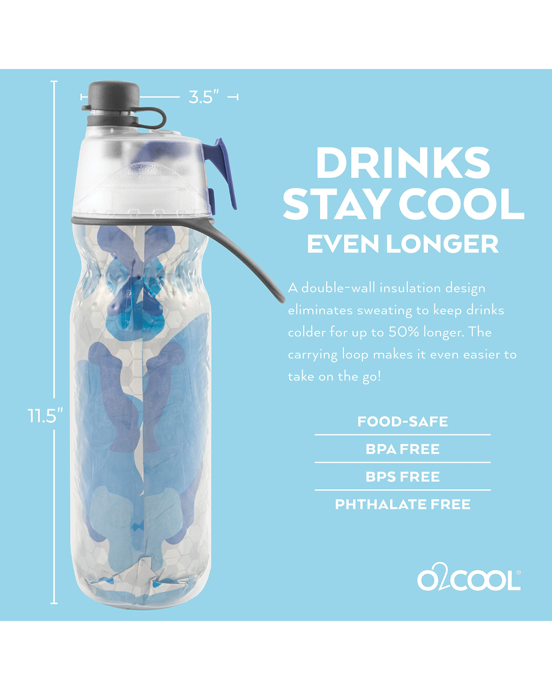 O2COOL Mist 'N Sip Misting Water Bottle 2-in-1 Mist And Sip Function With No Leak Pull Top Spout Sports Water Bottle Reusable Water Bottle - 20 oz (Blue Camo)