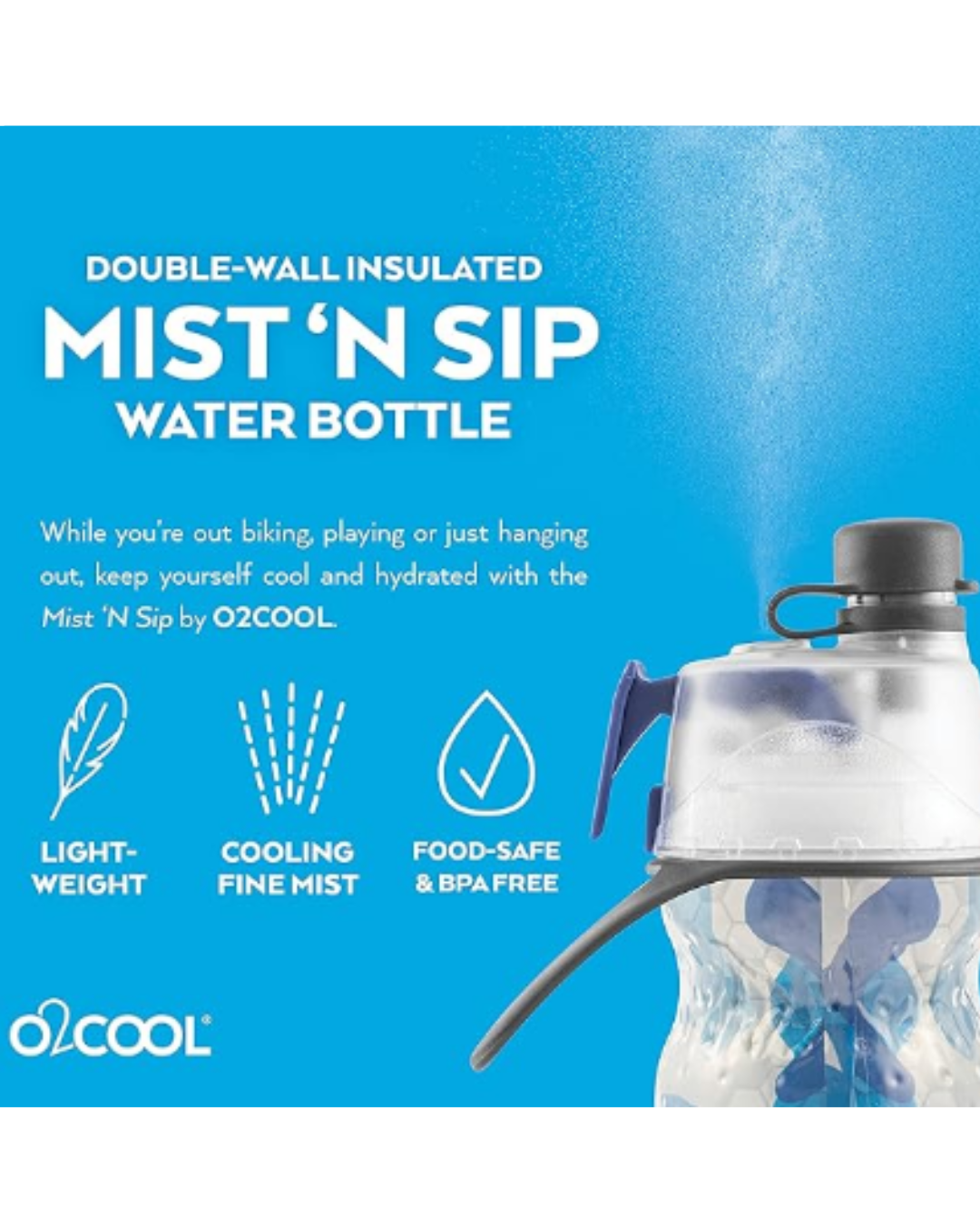 O2COOL Mist 'N Sip Misting Water Bottle 2-in-1 Mist And Sip Function With No Leak Pull Top Spout Sports Water Bottle Reusable Water Bottle - 20 oz (Blue Camo)