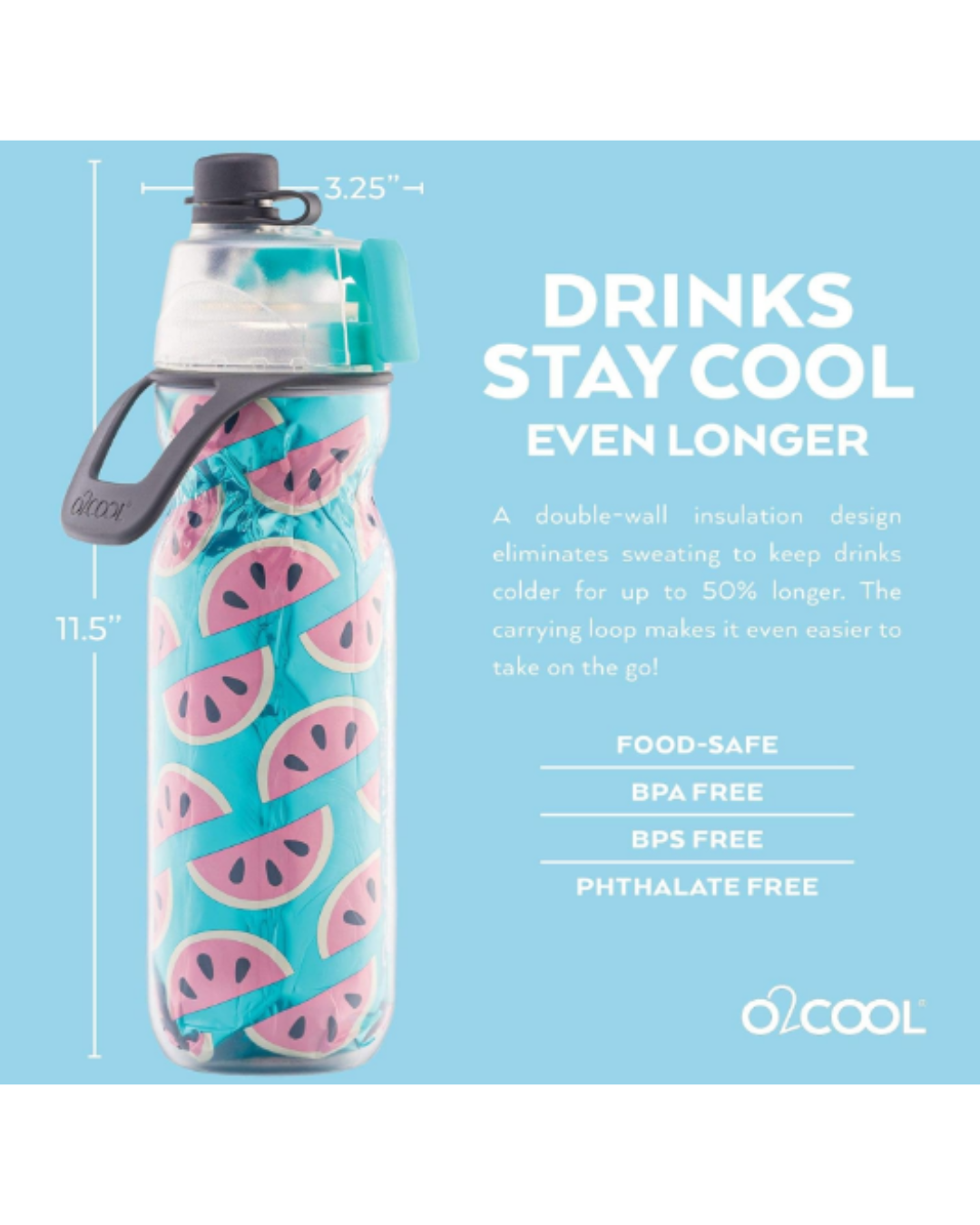 O2COOL Mist 'N Sip Misting Water Bottle 2-in-1 Mist And Sip Function With No Leak Pull Top Spout Sports Water Bottle Reusable Water Bottle - 20 oz (Watermelon)