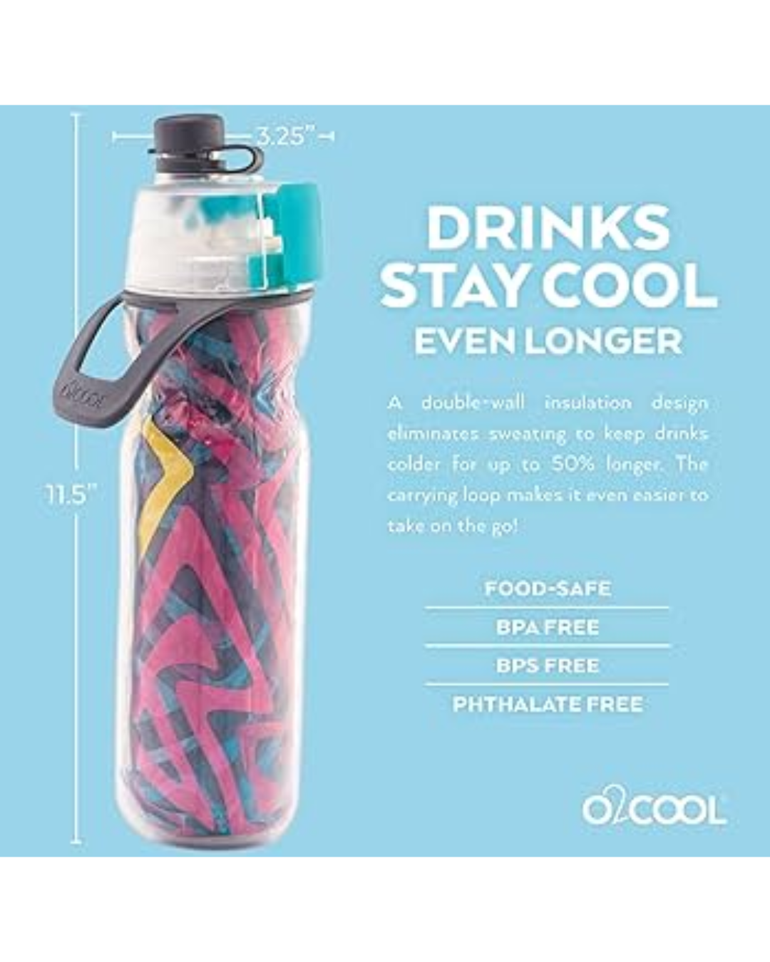 O2COOL Arctic Squeeze Mist ‘N Sip Insulated Water Bottle 20oz (Purple)