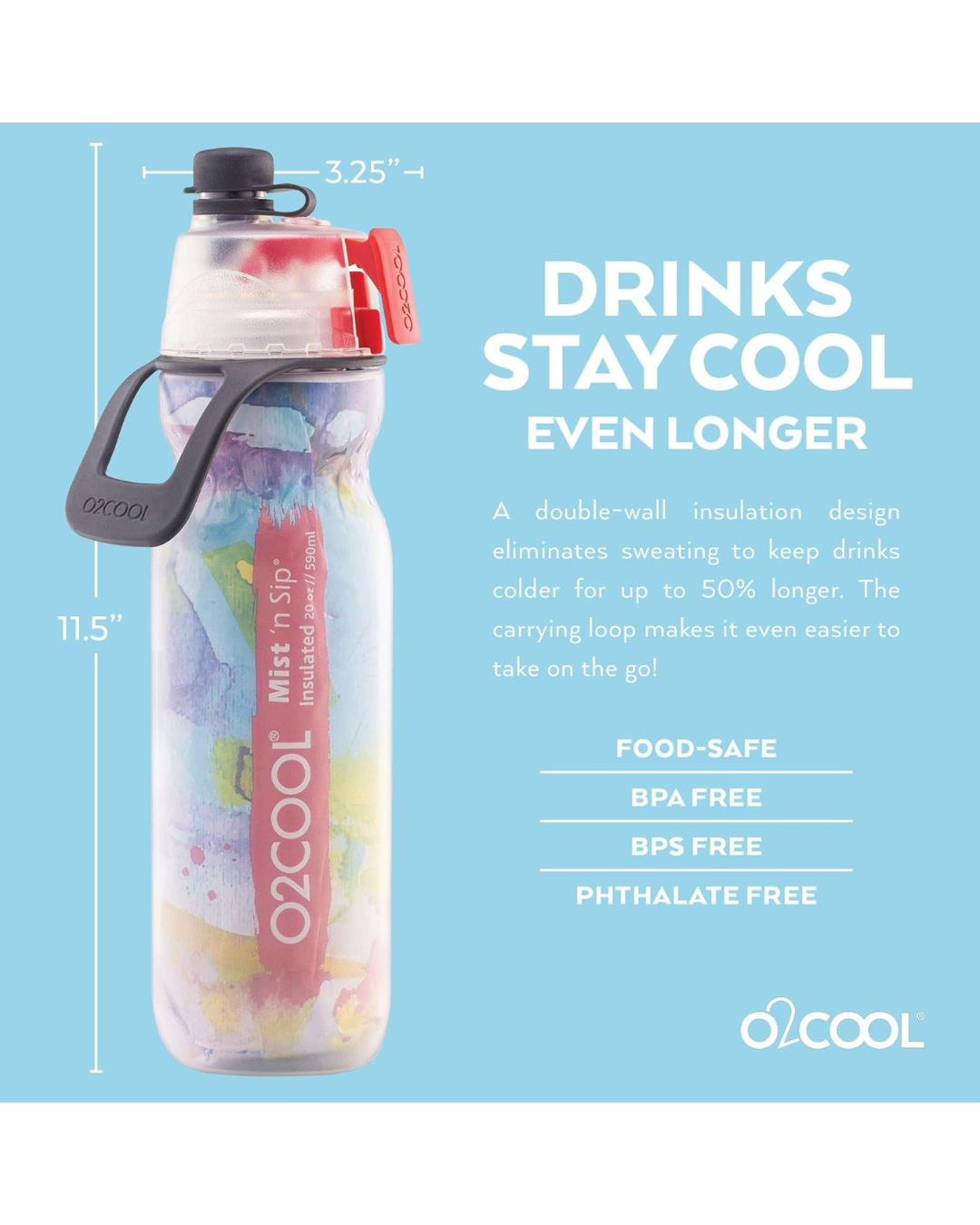 O2COOL ArcticSqueeze Insulated Mist 'N Sip Squeeze Bottle 20 oz - (Water Color 3)