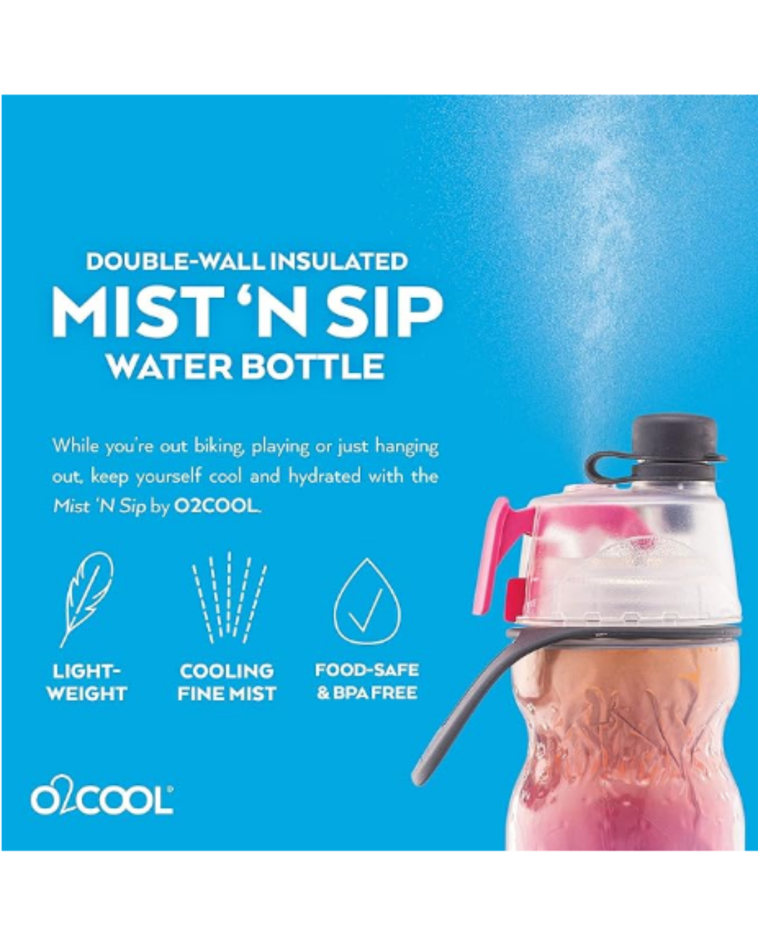 O2COOL ArcticSqueeze Insulated Mist 'N Sip Water Bottle | BPA Free, 2-in-1 Mist and Sip Function w/No Leak, Locking Pull Top Spout : 20 oz | Color Collection: Ombre, Raspberry Ombre