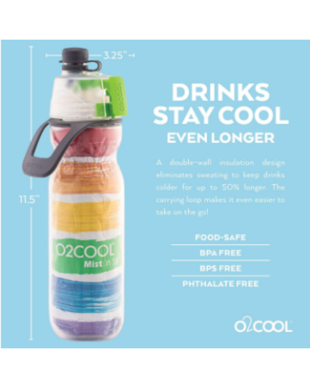 O2COOL ArcticSqueeze Insulated Mist 'N Sip Squeeze Bottle 20 oz (Rainbow)