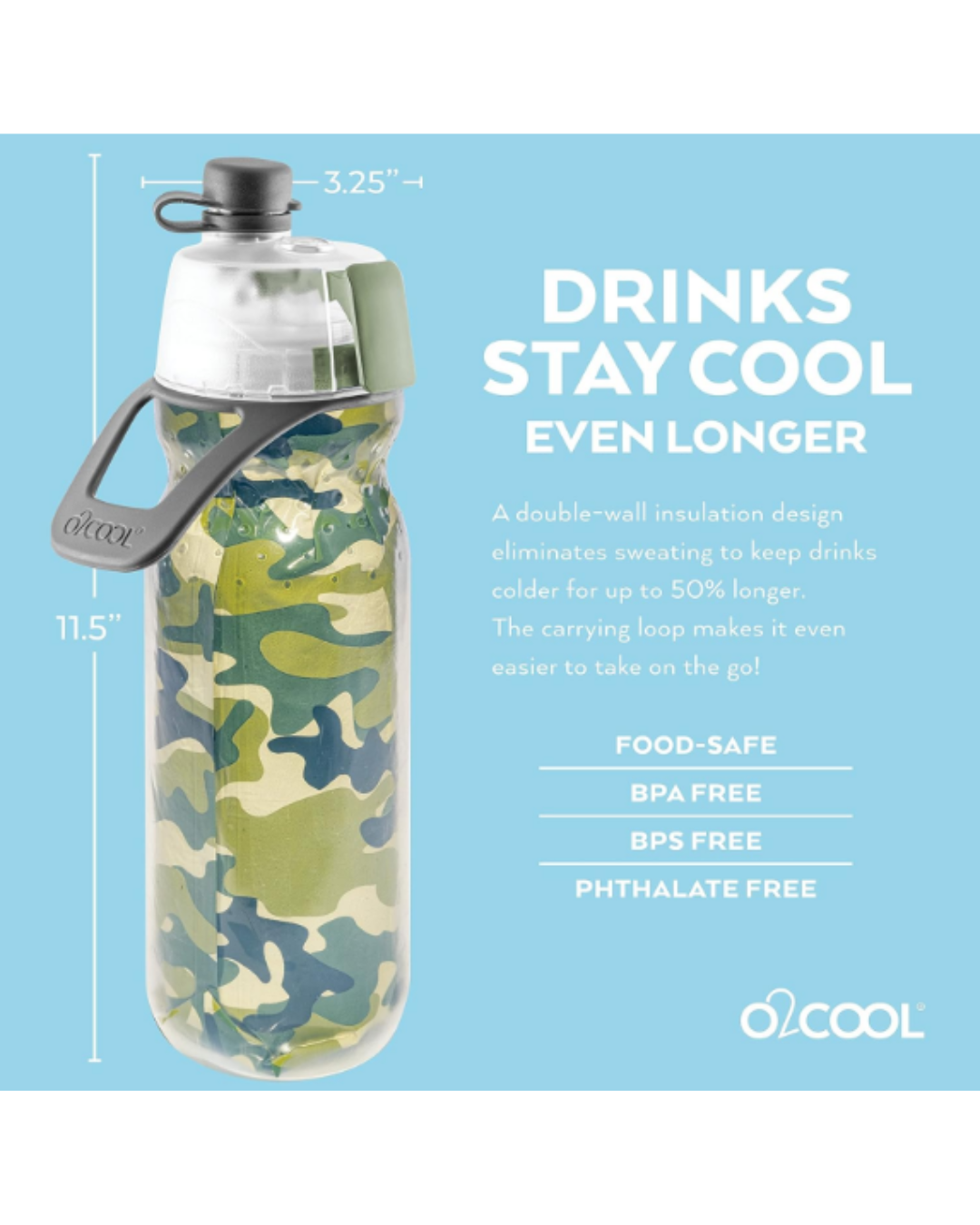 O2COOL Mist 'N Sip Misting Water Bottle 2-in-1 Mist And Sip Function With No Leak Pull Top Spout Sports Water Bottle Reusable Water Bottle - 20 oz (Green Camo)