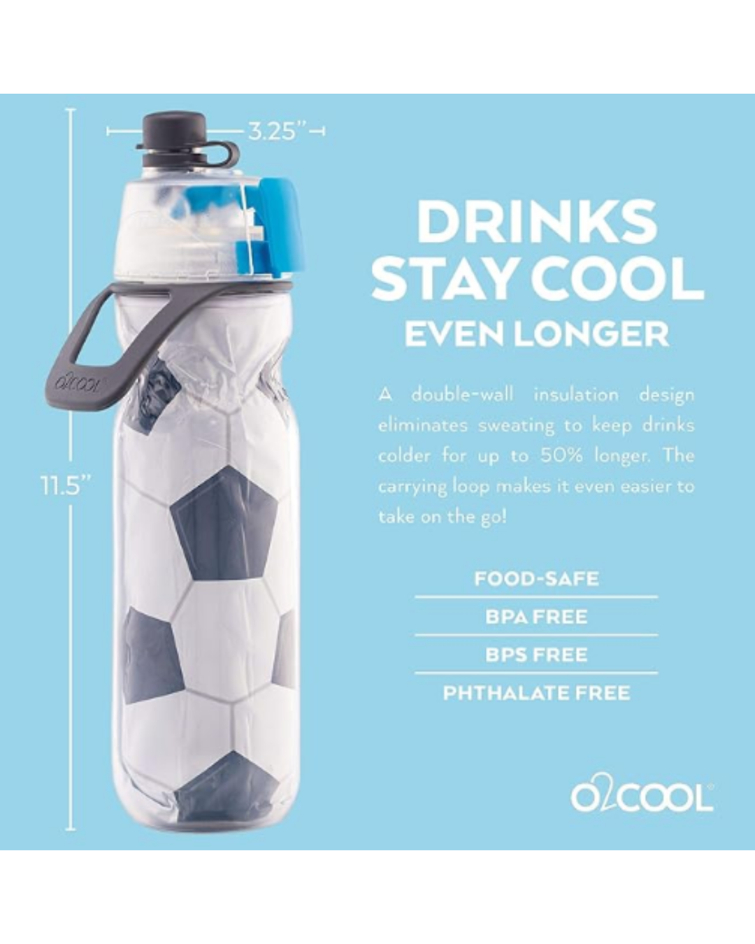 O2Cool Mist N Sip Reusable Sports Misting Bottle, 20 oz SOCCER, Keeps Water Cool, Lightweight, BPA Free (Soccer))