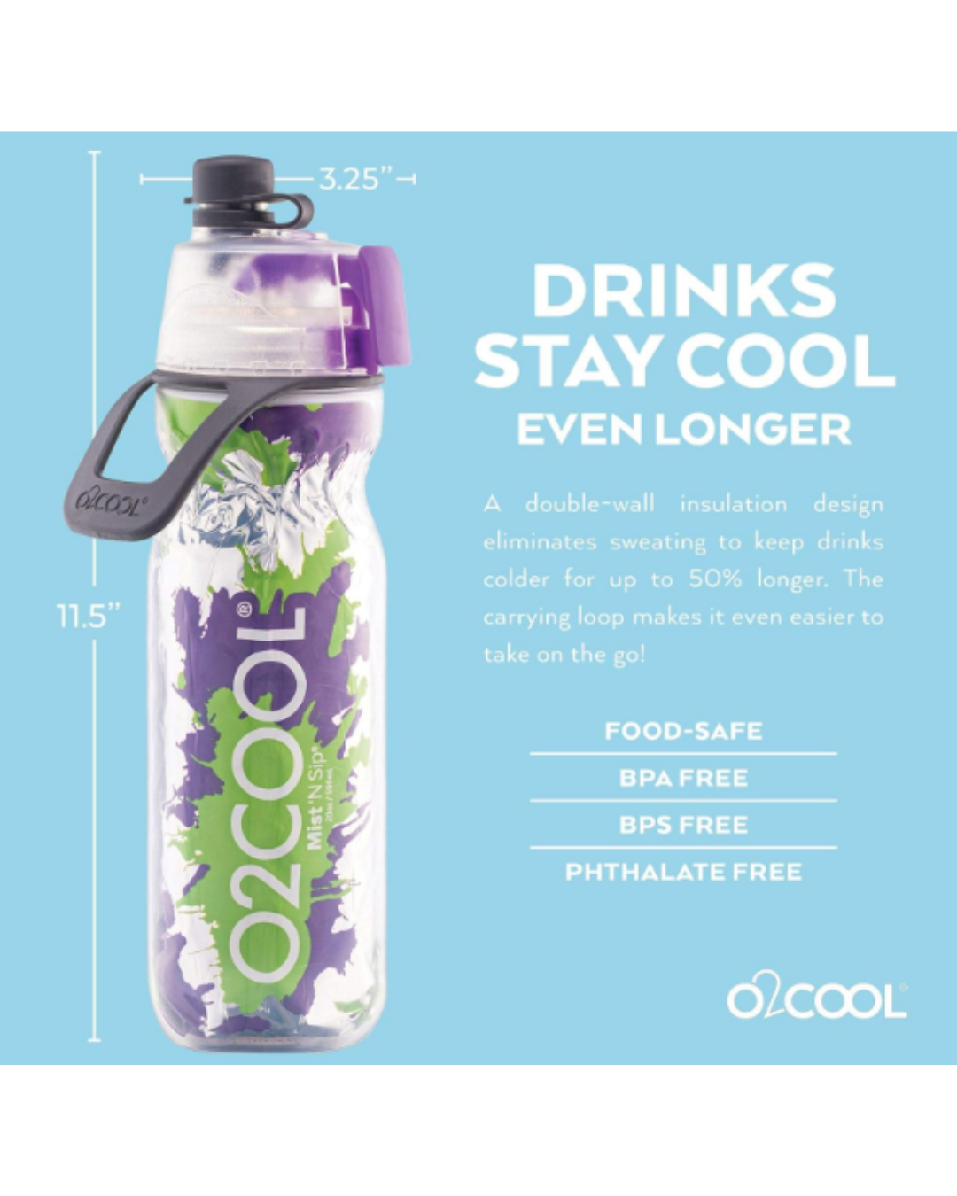 O2Cool Double Wall Mist 'N Sip Water Bottle Multicolored (Splash Purple Green)