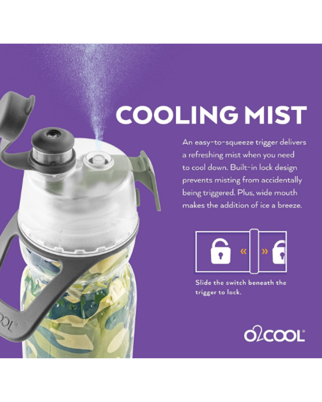 O2COOL Mist 'N Sip Misting Water Bottle 2-in-1 Mist And Sip Function With No Leak Pull Top Spout Sports Water Bottle Reusable Water Bottle - 20 oz (Green Camo)