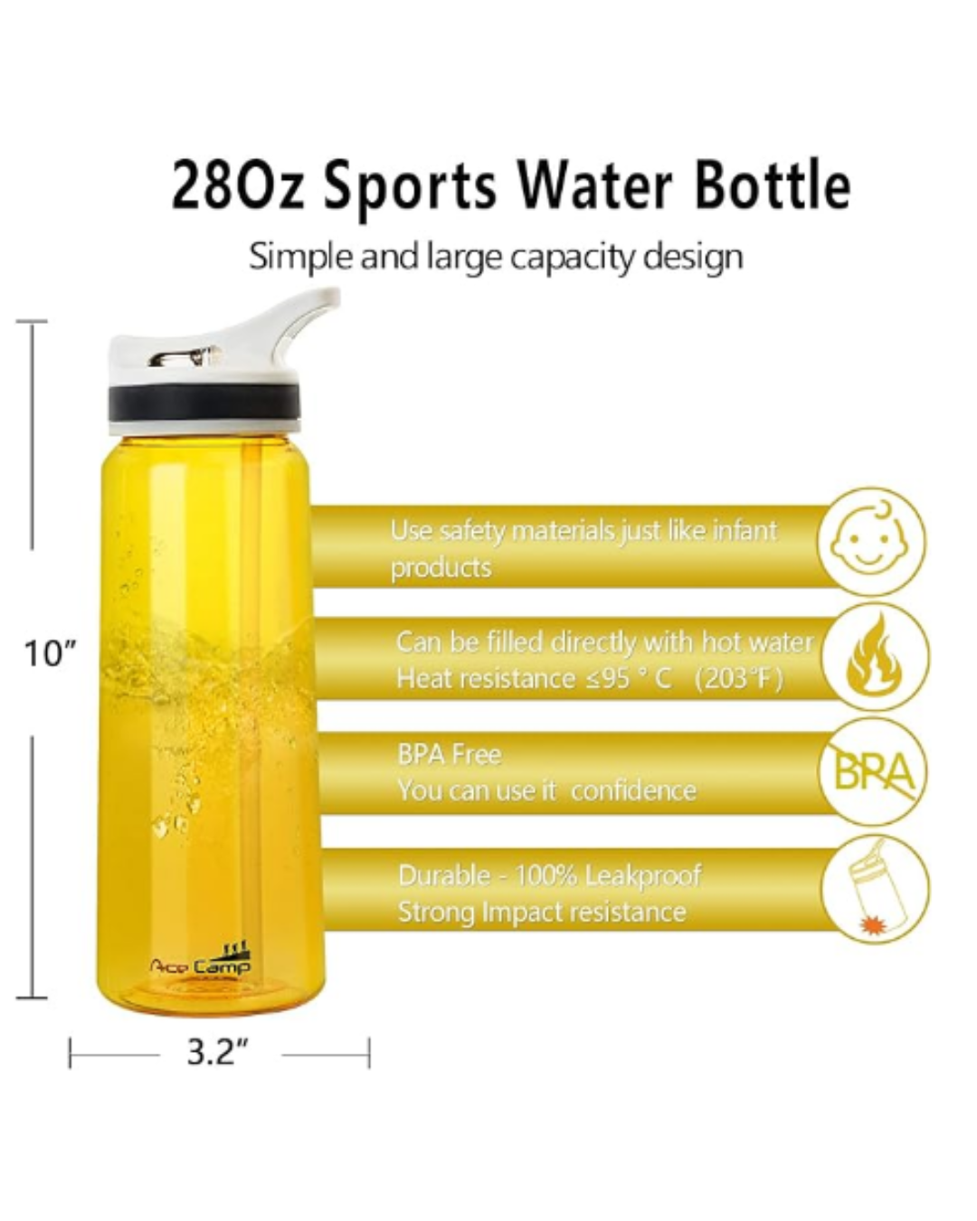 AceCamp 15532 - 28Oz Straw Water Bottle Adult, Tritan Plastic BPA Free Large-Capacity Sports Fitness Bottle with handle Leak-Proof Durable Yellow