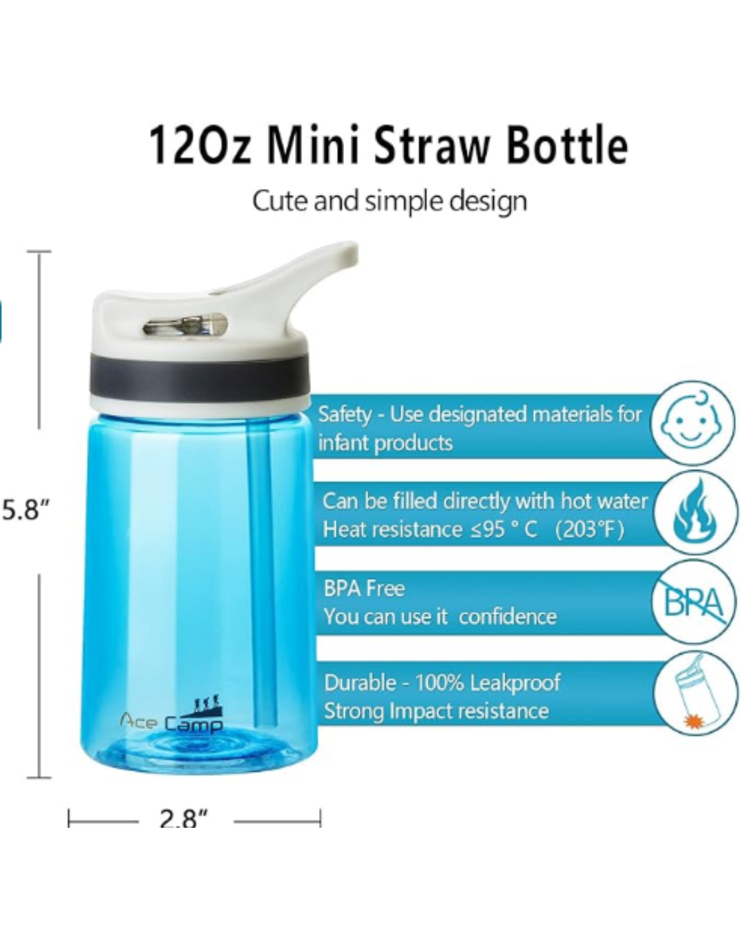 AceCamp 15516 -12oz Small Water Bottle with Straw for Kids and Adults BPA Free Tritan Sports Fitness Bottle Leak-Proof Durable Blue