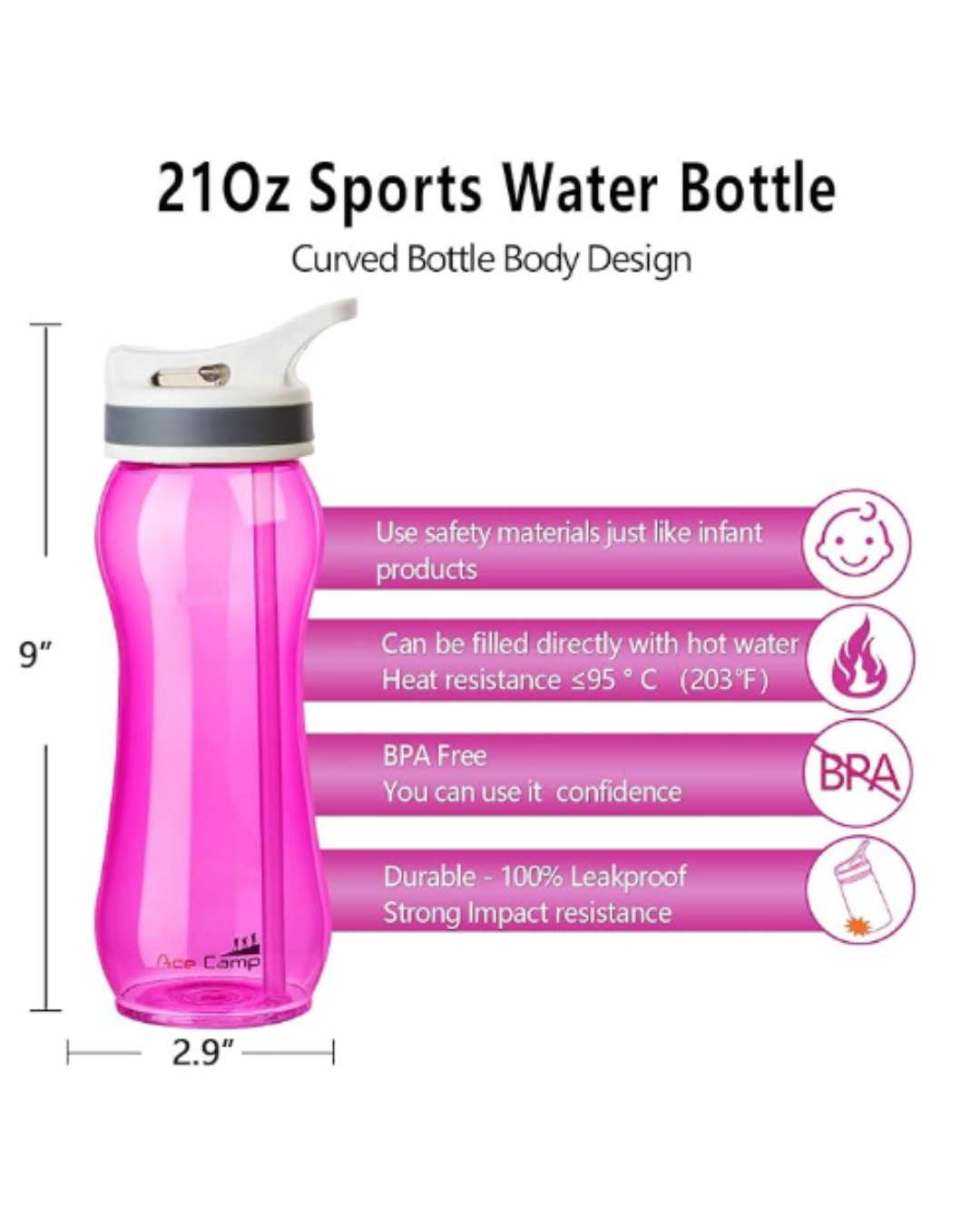 AceCamp 15534 - 21oz Water Bottle with Straw Curved-Bottle Design Easy To Grip BPA Free Tritan Sports Fitness Bottle Leak-Proof Durable Pink