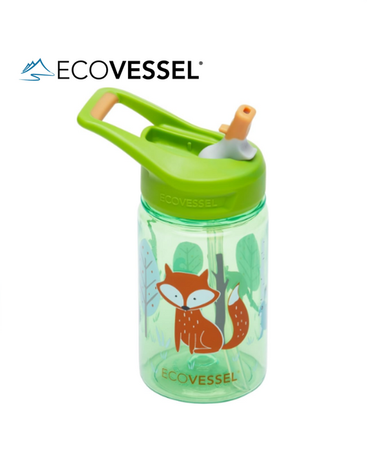 EcoVessel SPLASH Tritan Plastic Kids Water Bottle with Straw, Leak Proof Flip Top Lid, and Carry Handle Kids Cups Sports Water Bottle 12 oz (Fox)