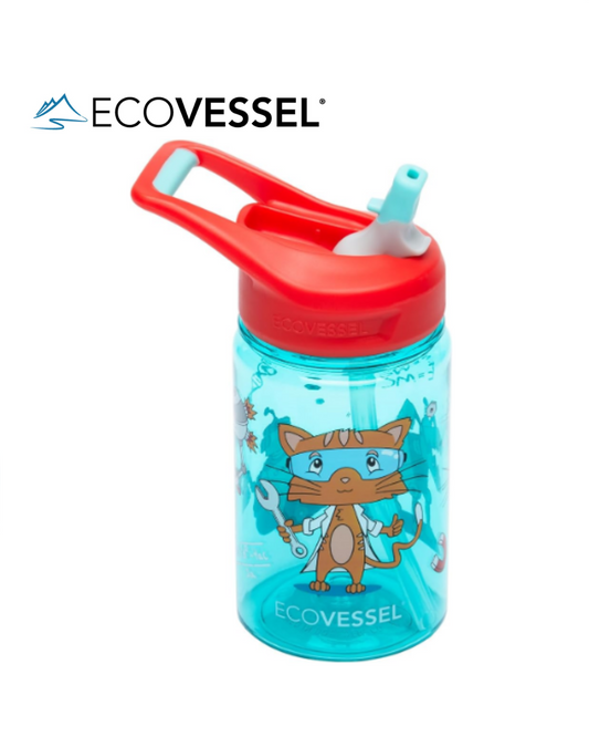 EcoVessel SPLASH Tritan Plastic Kids Water Bottle with Straw, Leak Proof Flip Top Lid, and Carry Handle Kids Cups Sports Water Bottle 12 oz (Science Cat)