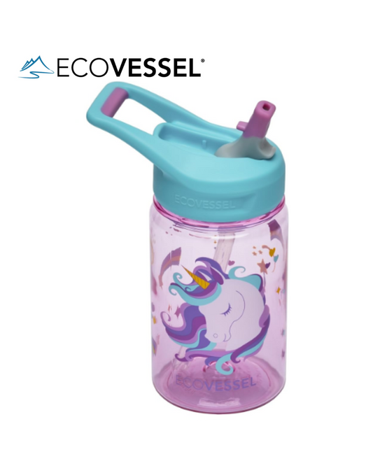 EcoVessel SPLASH Tritan Plastic Kids Water Bottle with Straw, Leak Proof Flip Top Lid, and Carry Handle Kids Cups Sports Water Bottle 12 oz (Unicorn)